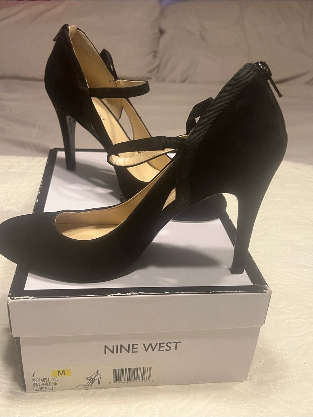 Nine West “Severina” Black Suede Strappy Pointed-Toe Pumps